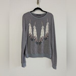 Wildfox Gray Feather Print Slub Knit Worn Style Boho Thin Sweatshirt S